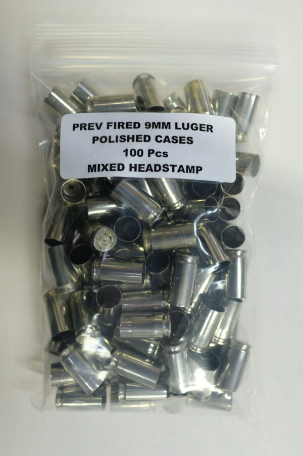 Previously Fired Mixed Headstamp Polished 9mm All Nickel Casings 100/Bag